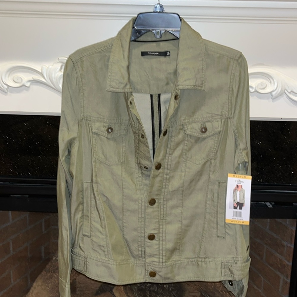 Tahari Tencel Denim Look Jacket Snaps Olive Green New Womens Medium Lightweight